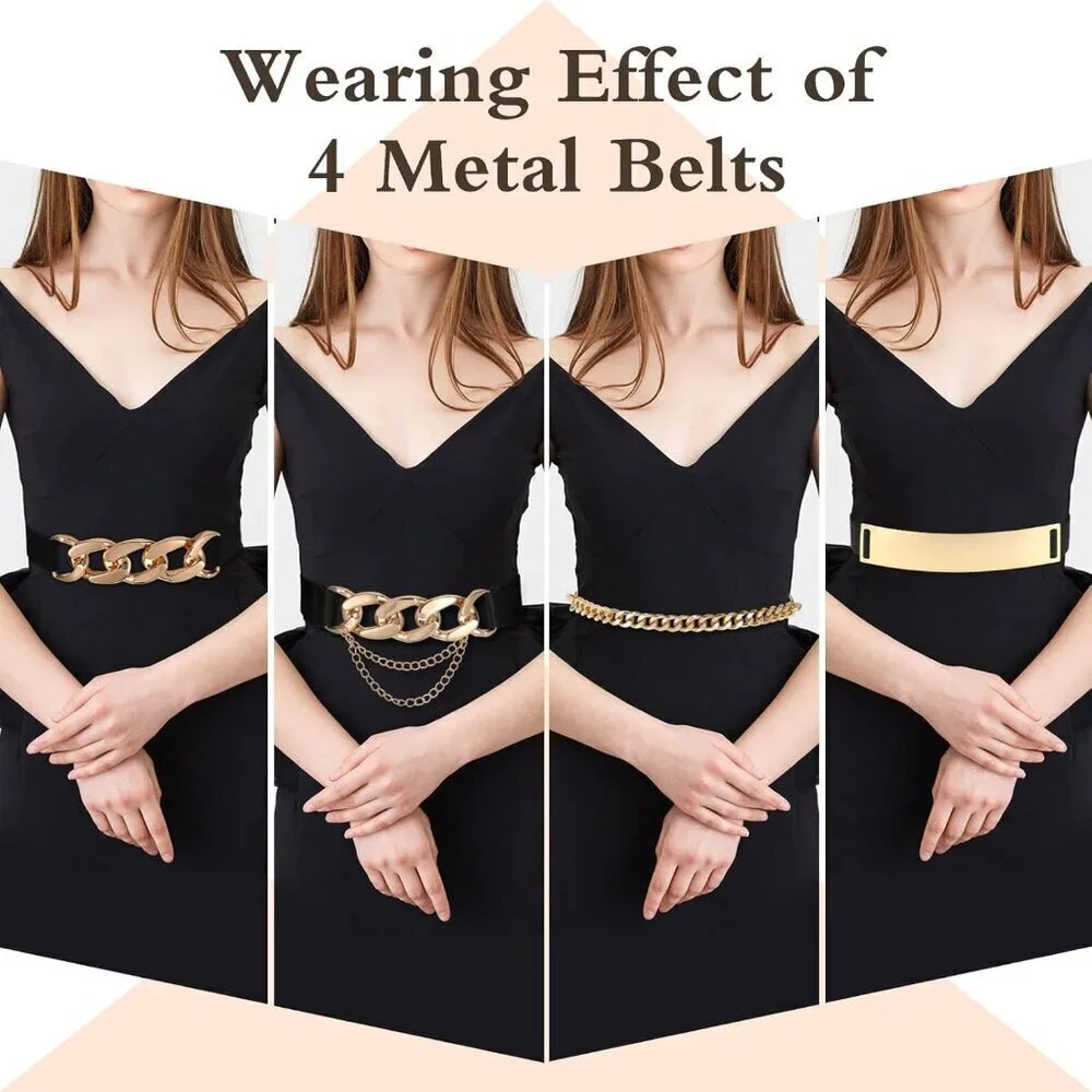 4 Pieces Women's Gold Metal Elastic Waist Belts for Dresses and Outfits